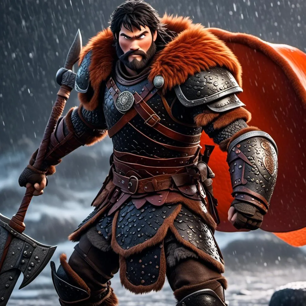 Prompt: <mymodel>Animated CGI style of a fierce Viking male about 25 years old, black hair, detailed facial features, leather armor {{((red))}} and orange armor, battle axe and shield, standing in the rain, intense and determined expression, dynamic and powerful pose, CGI, fierce male, Nordic designs, battle-ready, dynamic pose, professional lighting