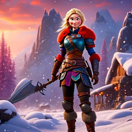 Prompt: <mymodel>CGi Animation, 25-year-old viking woman warrior with blue eyes, a snowy scene, the viking woman has a subtle smile, blonde hair, she has red gear, orange armor with bursts of purple textured splotches, black pants, black boots