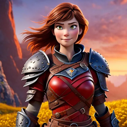 Prompt: <mymodel>CGI Animation of a viking female, brown hair, hazel eyes, bright red gear and armor, yellow highlights and textures, intricate details, high quality, digital painting, cool tones, dramatic lighting