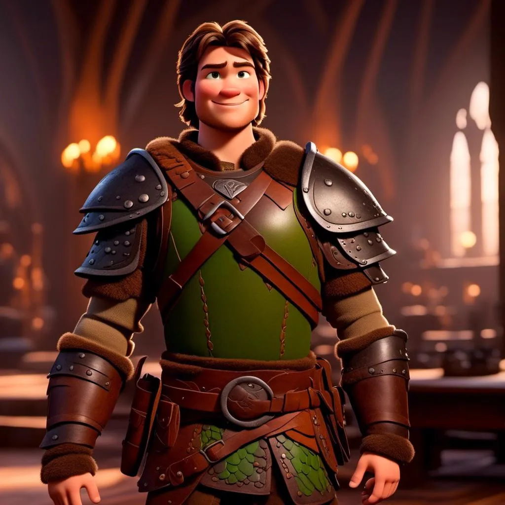 Prompt: <mymodel> viking man, lawyer, thin, small stature, standing in The Great Hall, medium length brown hair, sly smile, brown eyes, no armor, European-like brown gear, brown leather vest, long sleeve green shirt underneath the brown leather vest, black highlights on his clothes, brown pants, brown boots, historical, strong and natural lighting