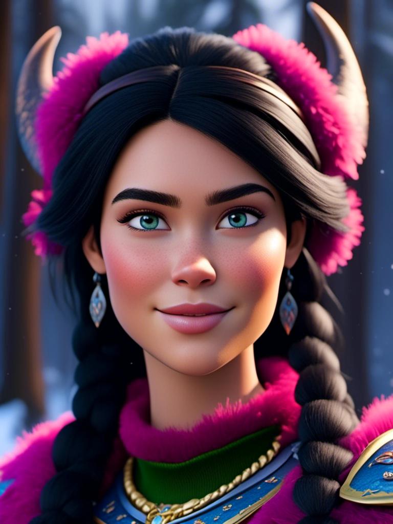 Prompt: <mymodel>CGI Animation, close-up portrait of the face, 20-year-old-old viking woman of royalty standing in the forest, a snowy scene, {{pink gear, blue armor}}, black hair, straight hair with a tiara, subtle smile, unreal engine 8k octane, 3d lighting, close up camera shot on the face, full armor