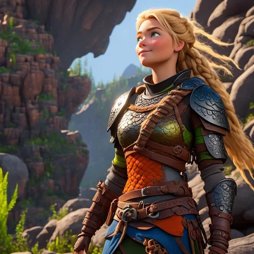 Prompt: <mymodel>CGI Animation of female viking, blonde hair with a single braid laying down her back, blue eyes, bright orange and green armor, yellow highlights dor gear and textures, full light body armor, standing in a viking village, intricate details, high quality, digital painting, cool tones, dramatic lighting