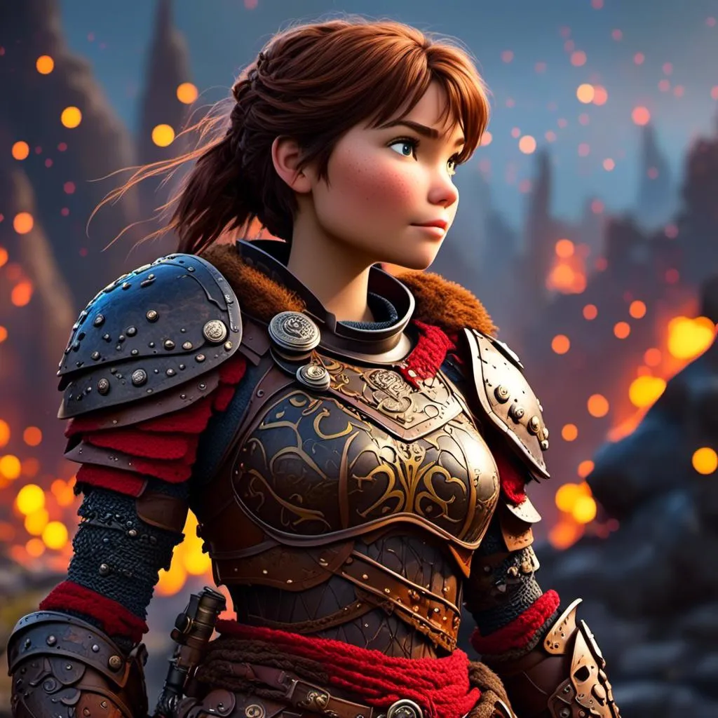 Prompt: <mymodel>CGI Animation of a viking female, brown hair in her face, hazel eyes, bright red gear and armor, yellow highlights and textures, full body armor, she has heavy gauntlets on her hands with armored gloves, standing in a viking village, intricate details, high quality, digital painting, cool tones, dramatic lighting