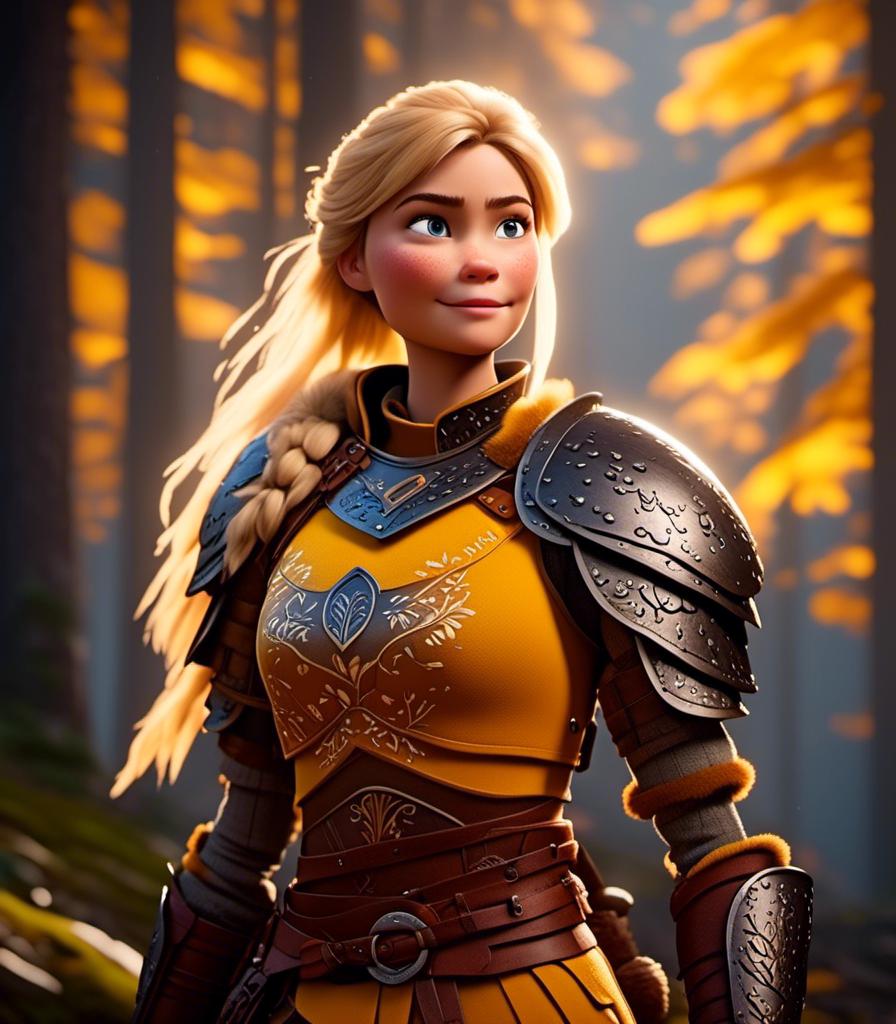 Prompt: <mymodel>CGI Animation, digital art, 20-year-old-old viking woman with light blue eyes standing in a dimly lit forest, yellow clothes, gold colored armor, blonde straight hair, subtle smile, unreal engine 8k octane, 3d lighting, full armor