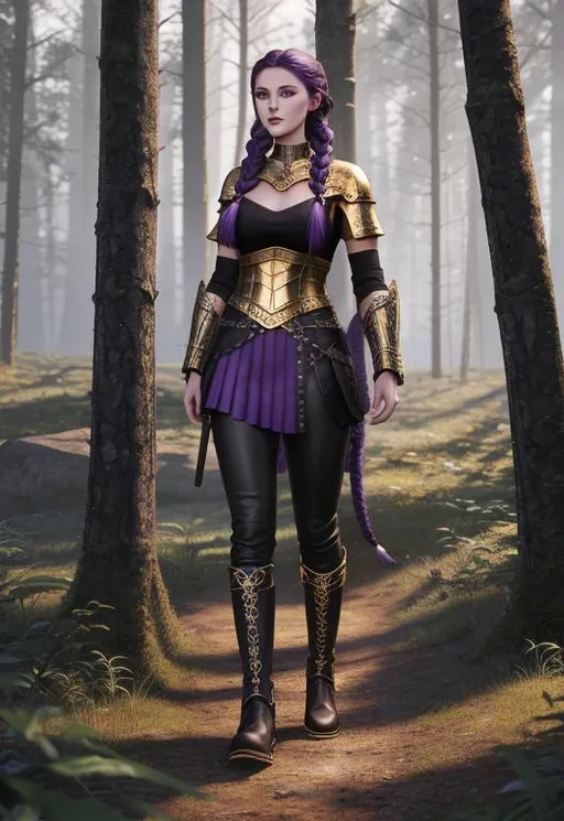 Prompt: Digital art, 20-year-old woman viking, standing in a viking forest, vibrant colors, subtle smile, dark purple hair, one hair braid down her shoulder, light blue eyes, black gear, black pants, gold armor, silver dragon scale plated skirt, purple boots, 3d lighting, full body, full armor