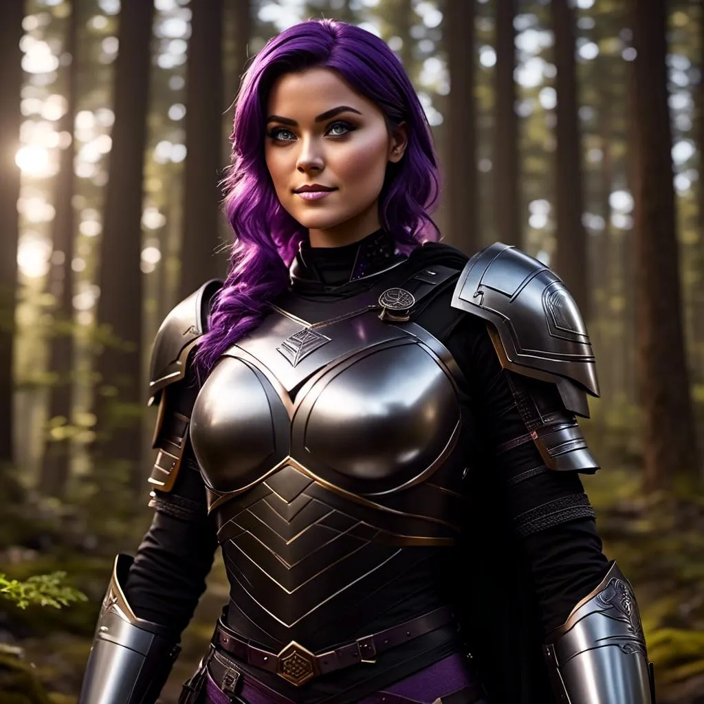 Prompt: <mymodel>25-year-old viking woman, subtle smile, light blue eyes, black gear, bright black armor, wearing an iron-man like suit of armor, black textures and highlights, standing in the forest, short focus, blurry background, unreal engine 8k octane, 3d lighting, full body, full armor