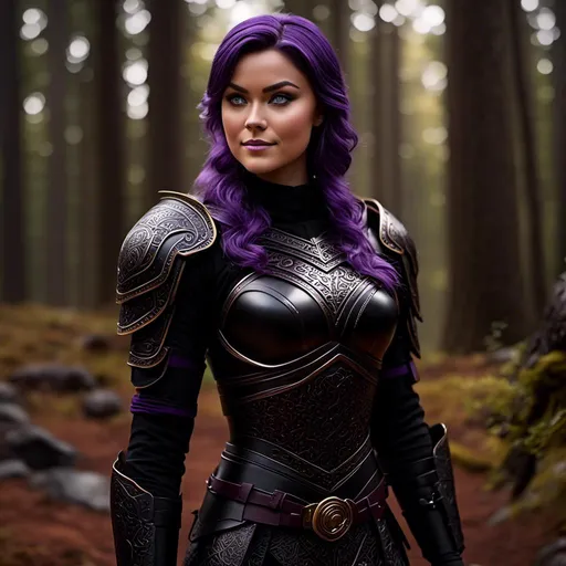 Prompt: <mymodel>25-year-old viking woman, subtle smile, light blue eyes, black gear, bright black armor, wearing an iron-man like suit of armor, black textures and highlights, standing in the forest, short focus, blurry background, unreal engine 8k octane, 3d lighting, full body, full armor