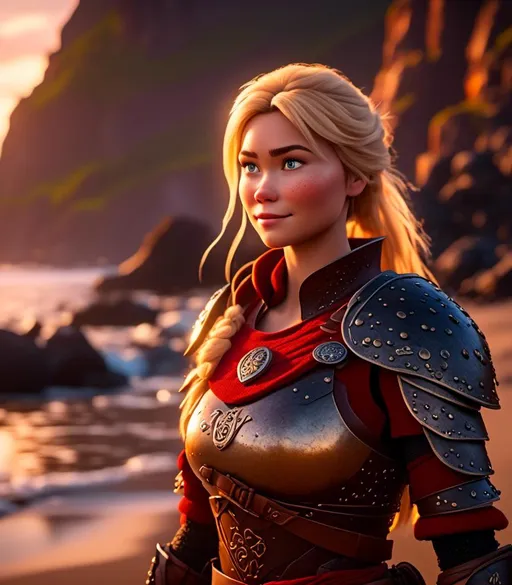 Prompt: <mymodel>CGI Animation, digital art, 20-year-old-old viking woman with light blue eyes standing around several hot springs on a beach, sunset lighting, blue clothes, red colored armor, blonde straight hair, subtle smile, unreal engine 8k octane, 3d lighting, cinematic lighting, camera shot of full armor from head to toe