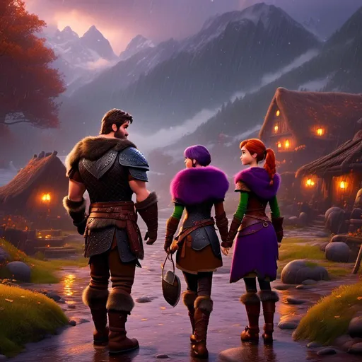 Prompt: <mymodel>{{{{Annabeth has gold armor and black gear}}}}, Photo of  standing in a viking village during heavy rain fall with his wife Annabeth, Annabeth is slightly shorter and has purple hair with a single hair braid down her shoulder, they are both in their early 30s, they are both wearing fur capes and fur hoods to keep warm