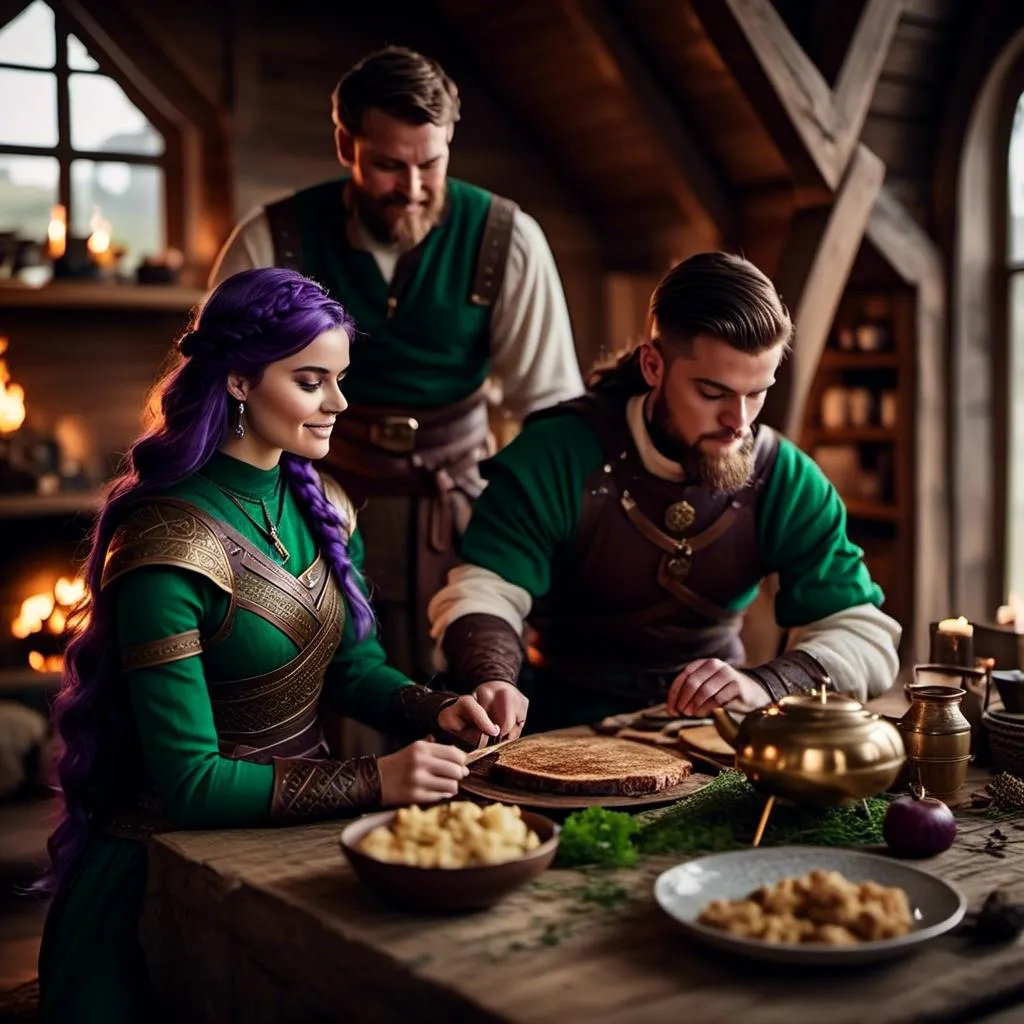 Prompt: Photo of a young <mymodel> setting the supper table with her husband a young Jarl Mollerson with green clothes short brown hair and no beard in their viking house