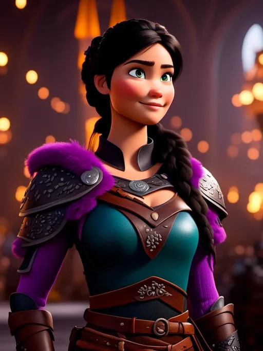 Prompt: <mymodel>CGI Animation, digital art, 20-year-old-old viking woman of royalty standing in The Great Hall on the Isle of Berk, light blue eyes, {{black gear, purple armor}}, black hair, single braid down her shoulder with a tiara, subtle smile, unreal engine 8k octane, 3d lighting, close up camera shot on the face, full armor