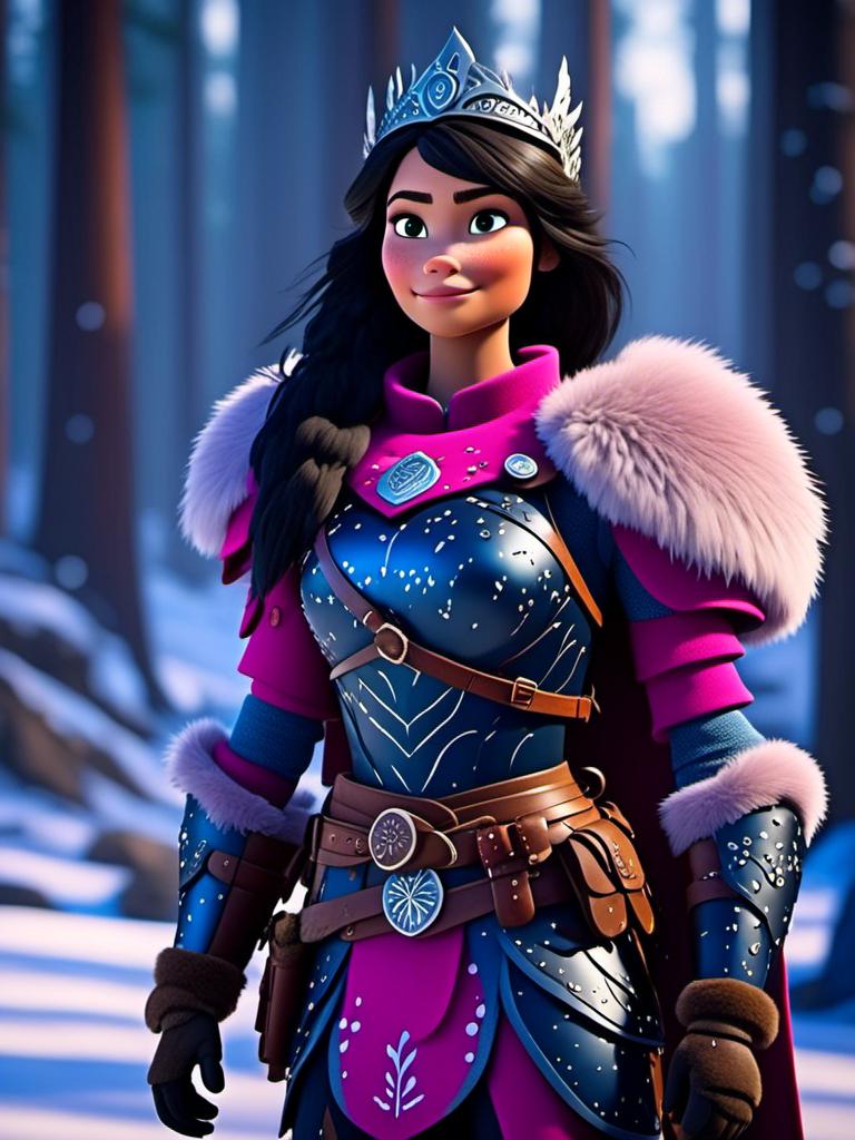 Prompt: <mymodel>CGI Animation, digital art, 20-year-old-old viking woman of royalty standing in the forest, a snowy scene, {{pink gear, blue armor}}, black hair, straight hair with a tiara, subtle smile, unreal engine 8k octane, 3d lighting, close up camera shot on the face, full armor