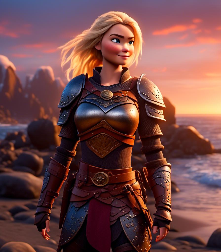 Prompt: <mymodel>CGI Animation, digital art, 20-year-old-old viking woman with blue eyes standing around several hot springs on a beach, blue clothes, blue colored armor, sunset lighting, blonde straight hair, subtle smile, unreal engine 8k octane, 3d lighting, cinematic lighting, camera shot of full armor from head to toe