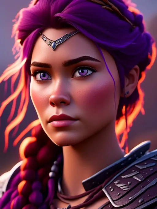 Prompt: <mymodel>CGI Animation, digital art, 20-year-old-old viking woman with light blue eyes, she looks sad and upset, standing in a battle arena at the ready, purple hair with purple strands, single braid down her shoulder with a tiara, unreal engine 8k octane, 3d lighting, close up camera shot on the face, full armor