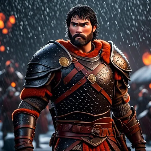 Prompt: <mymodel>Animated CGI style of a fierce Viking male about 25 years old, black hair, detailed facial features, leather armor {{((red))}} and orange armor, battle axe and shield, standing in the rain, intense and determined expression, dynamic and powerful pose, high definition, CGI, detailed armor, fierce female, Nordic designs, battle-ready, dynamic pose, professional lighting