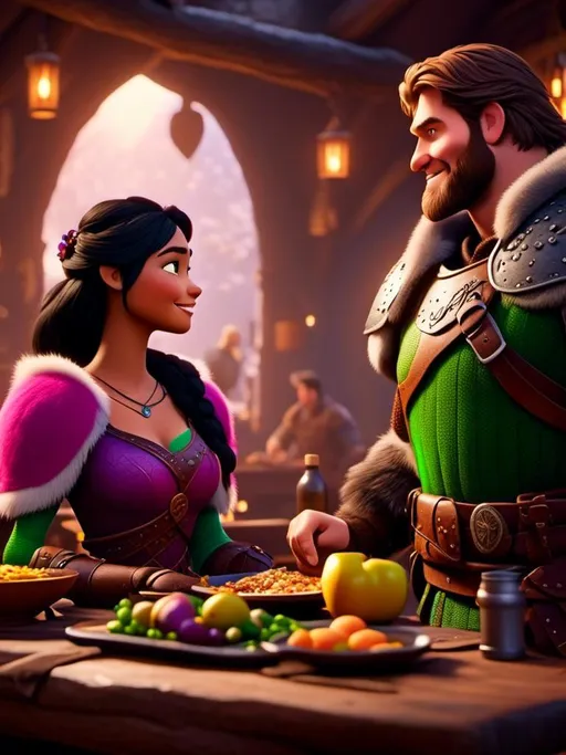 Prompt: <mymodel>CGI Animation, digital art, 20-year-old-old viking woman of royalty standing a busy tavern having a meal with her husband Jarl with green and brown armor, {{the woman has pink gear, purple armor}}, black hair, straight hair with a tiara, subtle smile, unreal engine 8k octane, 3d lighting, close up camera shot on the face, full armor