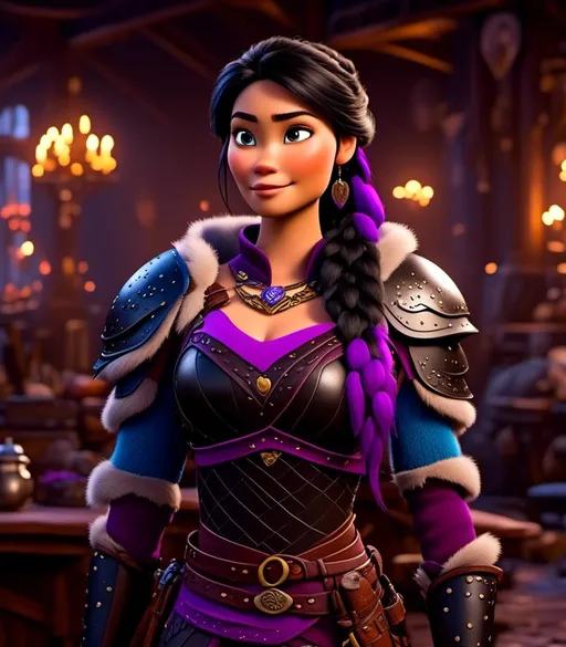 Prompt: <mymodel>CGI Animation, digital art, 20-year-old-old viking woman with light blue eyes, she is standing in her library, she is of royalty, {{black gear, purple armor}}, black hair with purple strands, single braid down her shoulder with a tiara, subtle smile, unreal engine 8k octane, 3d lighting, close up camera shot on the face, full armor