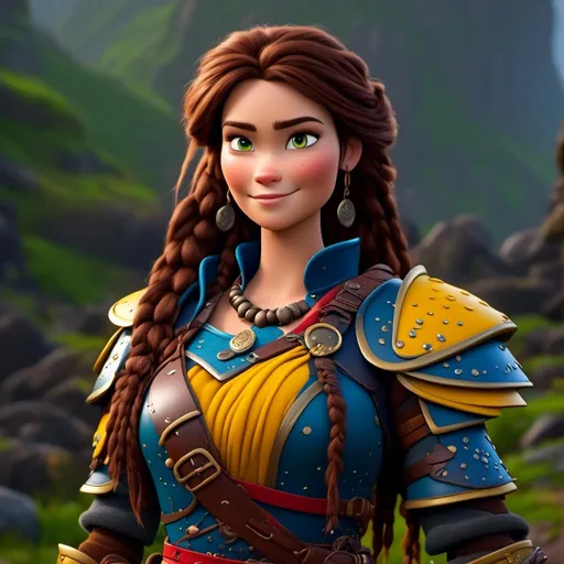 Prompt: <mymodel>CGI Animation, 20-year-old-old pirate woman, a rainy scene, {{yellow gear, blue armor}}, brunette hair, dreadlocks, subtle smile, beads hair, small red earrings, multiple braids, yellow gear, straight hair, green eyes, bracelets, rings on fingers, mercenary gear, unreal engine 8k octane, 3d lighting, full body, full armor