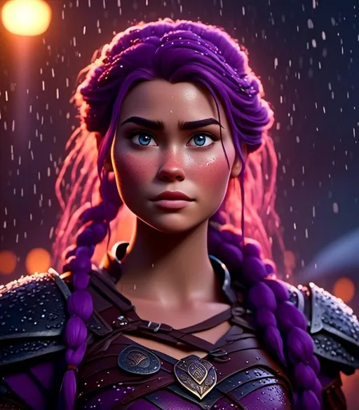 Prompt: <mymodel>CGI Animation, digital art, 20-year-old-old viking woman with light blue eyes, she looks very sad and angry, standing in a battle arena at night in the rain, purple hair with purple strands, single braid down her shoulder with a tiara, unreal engine 8k octane, 3d lighting, close up camera shot on the face, full armor