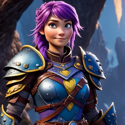 Prompt: <mymodel>CGI Animation of a viking female, purple hair, blue and yellow gear and armor, intricate details, high quality, digital painting, cool tones, dramatic lighting