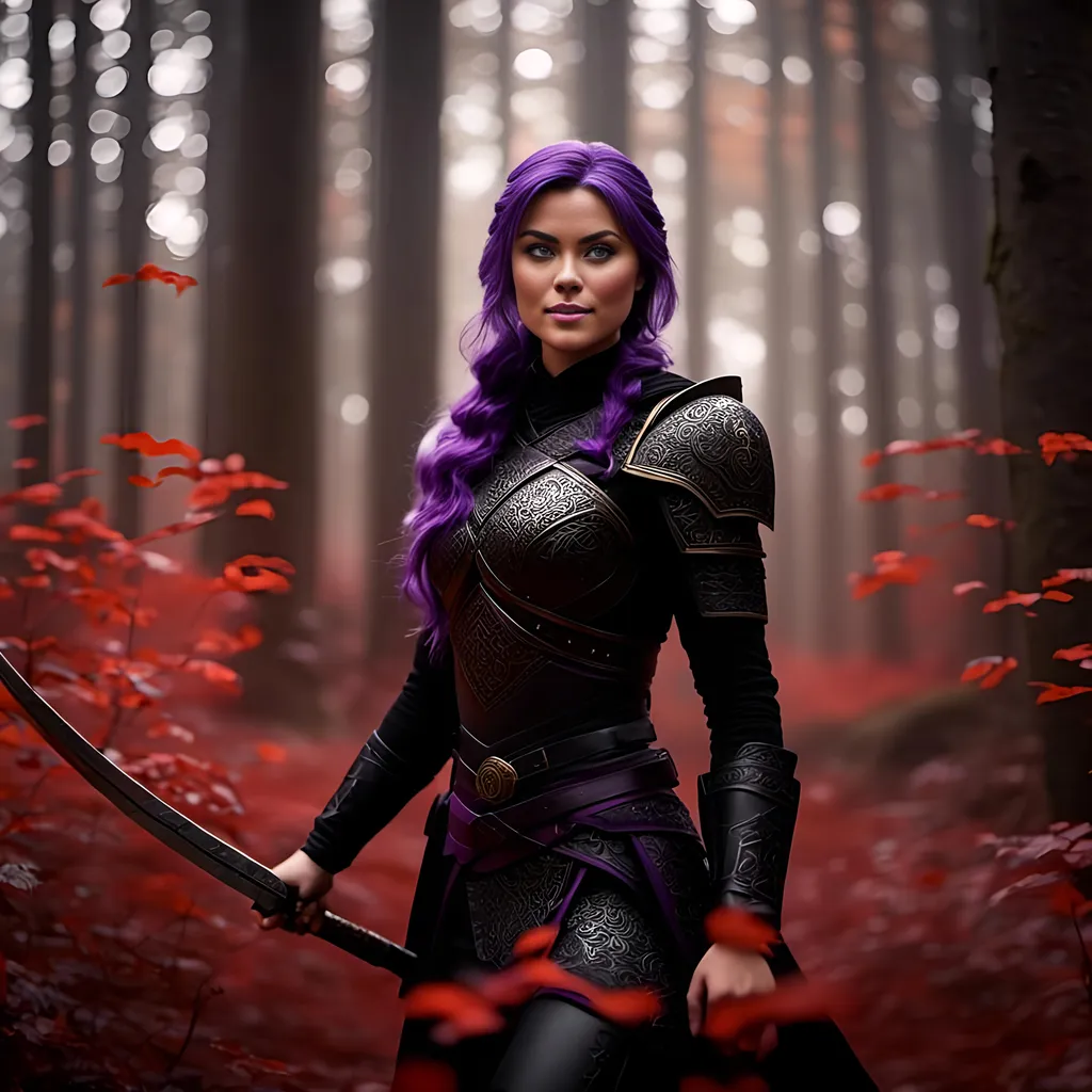 Prompt: <mymodel>25-year-old viking woman, subtle smile, light blue eyes, black gear, bright black armor, wearing an iron-man like suit of armor, black textures and highlights, fighting in the forest in an intense sword battle with Einar Verodfellar, short focus, blurry background, unreal engine 8k octane, 3d lighting, full body, full armor