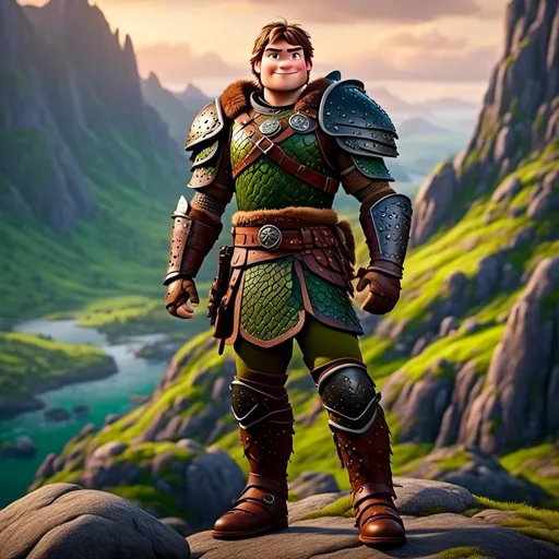 Prompt: <mymodel>Male viking warrior, standing on a cliff next to his green ((dragon)), short brown hair, green eyes, green armor, brown gear, brown pants, brown boots, historical, strong and natural lighting