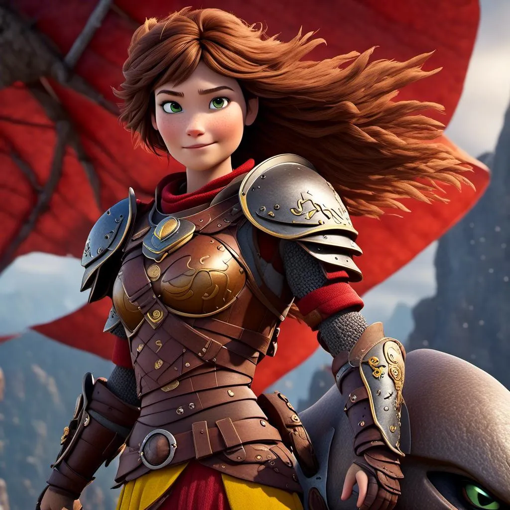 Prompt: <mymodel>CGI Animation of a viking female, brown hair, hazel eyes, bright red gear and armor, yellow highlights and textures, intricate details, high quality, digital painting, cool tones, dramatic lighting