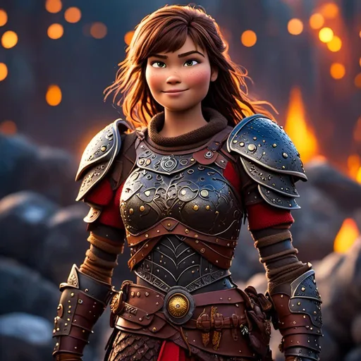 Prompt: <mymodel>CGI Animation of a viking female, brown hair in her face, hazel eyes, bright red gear and light armor, yellow highlights and textures, full light body armor, she has heavy gauntlets on her hands with armored gloves, standing in a viking village, intricate details, high quality, digital painting, cool tones, dramatic lighting