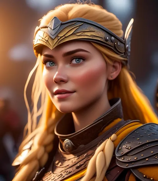 Prompt: <mymodel>CGI Animation, digital art, 20-year-old-old viking woman with light blue eyes, yellow clothes, gold colored armor, blonde straight hair, a mask on her eyes, subtle smile, unreal engine 8k octane, 3d lighting, close up camera shot on the face, full armor