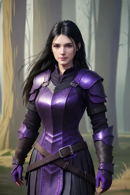 Prompt: Digital Art, 25-year-old viking woman, purple gear, purple clothes, subtle smile, black straight hair, dark purple eyes, a dark purple long-sleeve shirt, textured skirt down to knees, dark purple pants, dark purple armor, long black hair with volume, middle part in hair, leather boots, dark purple gear, unreal engine 64k octane, hdr, 3d lighting, full body, full armor