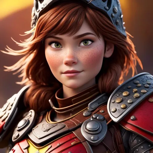 Prompt: <mymodel>CGI Animation of a viking female, brown hair, hazel eyes, bright red gear and armor, yellow highlights and textures, intricate details, high quality, digital painting, cool tones, dramatic lighting