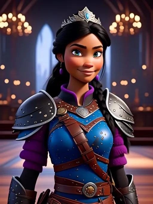 Prompt: <mymodel>CGI Animation, digital art, 20-year-old-old viking woman of royalty standing in The Great Hall on the Isle of Berk, light blue eyes, {{black gear, purple armor}}, black hair, single braid down her shoulder with a tiara, subtle smile, unreal engine 8k octane, 3d lighting, close up camera shot on the face, full armor