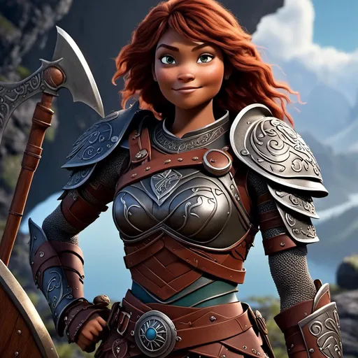 Prompt: <mymodel>Animated CGI style of a fierce Caucasian Viking, female about 25 years old, detailed facial features, leather armor with intricate Nordic designs, battle axe and shield, intense and determined expression, dynamic and powerful pose, high definition, CGI, detailed armor, fierce female, Nordic designs, battle-ready, dynamic pose, professional lighting