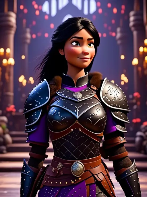 Prompt: <mymodel>CGI Animation, digital art, 20-year-old-old viking woman of royalty standing in The Great Hall on the Isle of Berk, {{black gear, purple armor}}, black hair, straight hair with a tiara, subtle smile, unreal engine 8k octane, 3d lighting, close up camera shot on the face, full armor