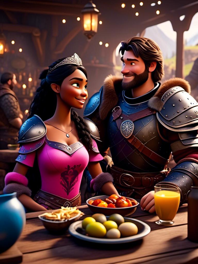 Prompt: <mymodel>CGI Animation, digital art, 20-year-old-old viking woman of royalty standing a busy tavern having a meal with a woman friend, {{pink gear, blue armor}}, black hair, straight hair with a tiara, subtle smile, unreal engine 8k octane, 3d lighting, close up camera shot on the face, full armor