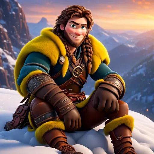 Prompt: <mymodel>CGI Animation, 20-year-old-old pirate man, sitting on a snow bank, a snowy scene, {{yellow gear, blue armor}}, brunette hair, dreadlocks, subtle smile, beads hair, small red earrings, multiple braids, yellow gear, straight hair, green eyes, bracelets, rings on fingers, mercenary gear, unreal engine 8k octane, 3d lighting, close up camera shot on the face, full armor