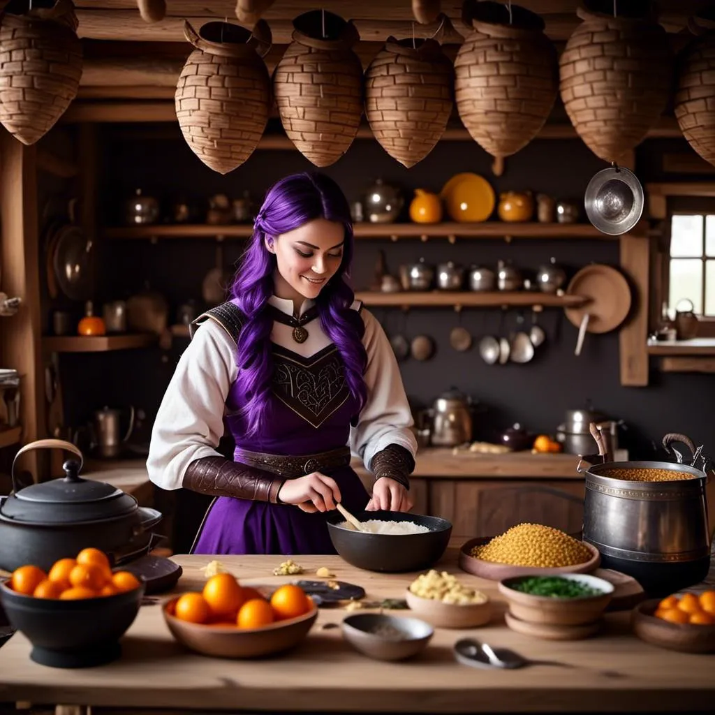 Prompt: Photo of <mymodel> working in the kitchen preparing food in her viking house