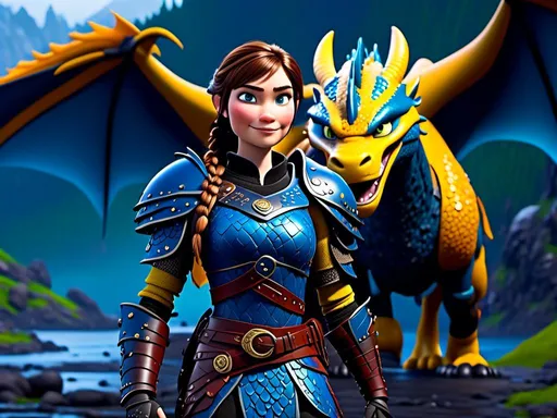 Prompt: <mymodel>CGi Animation, 20-year-old viking woman with blue eyes, a rainy scene, she is standing next to a bright blue dragon with gold highlights, they are both in the rain, the viking woman has a subtle smile, brunette hair in a two pony tail braids style, she has blue gear, gold armor, black pants, black boots