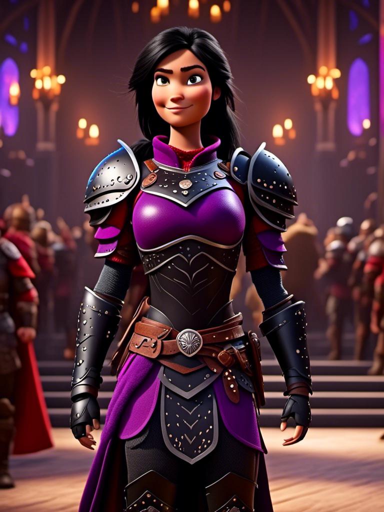 Prompt: <mymodel>CGI Animation, digital art, 20-year-old-old viking woman of royalty standing in The Great Hall on the Isle of Berk, {{purple gear, black armor}}, black hair, straight hair with a tiara, subtle smile, unreal engine 8k octane, 3d lighting, close up camera shot on the face, full armor