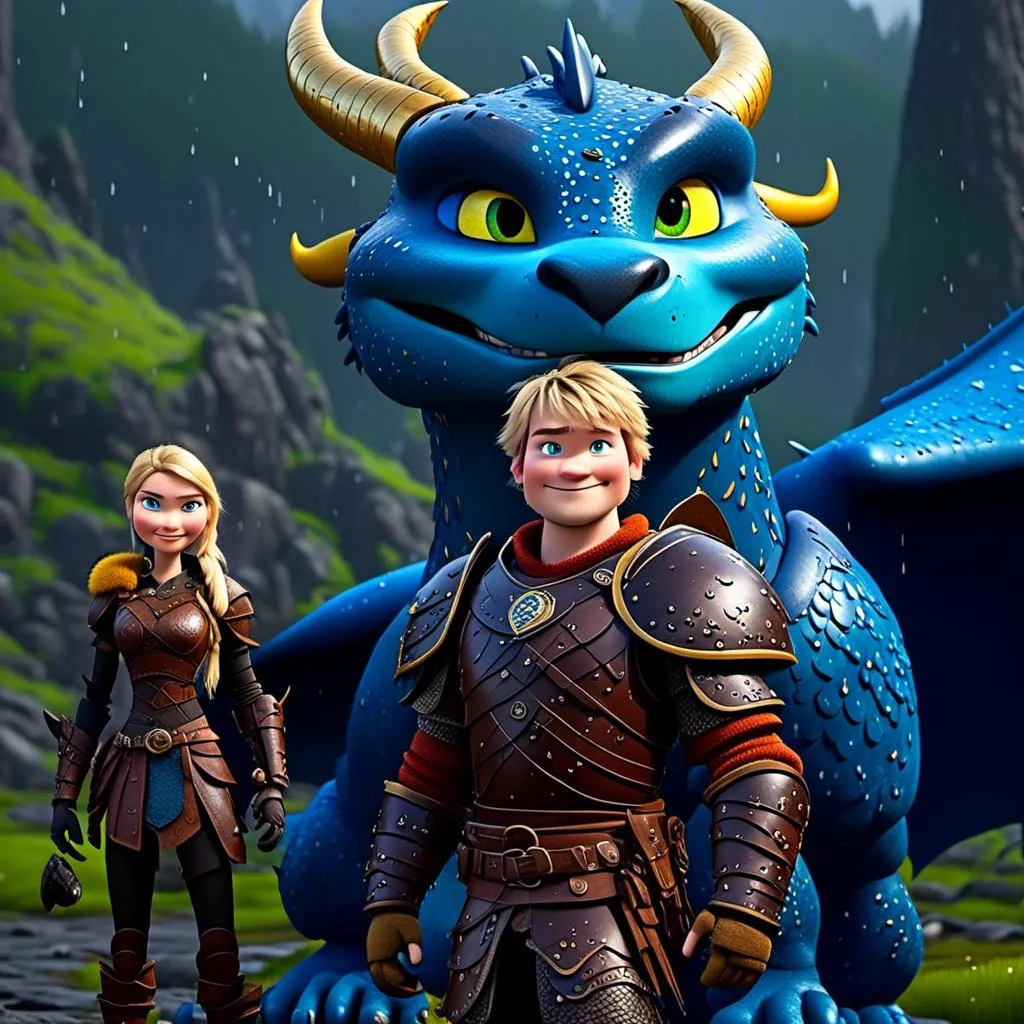 Prompt: <mymodel>CGi Animation, 20-year-old viking man with blue eyes, a rainy scene, he is standing next to a bright blue dragon with gold highlights, they are both in the rain, the viking man has a subtle smile, blonde hair, he has blue gear, gold armor, black pants, black boots