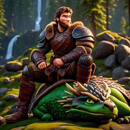 Prompt: <mymodel>Male viking warrior, thin and light muscle build, sitting on a boulder in the forest, there is a large green dragon with a flat body build standing next to the viking, viking has short brown hair, green eyes, green armor, brown gear, brown pants, brown boots, historical, strong and natural lighting, 8K octane, unreal engine