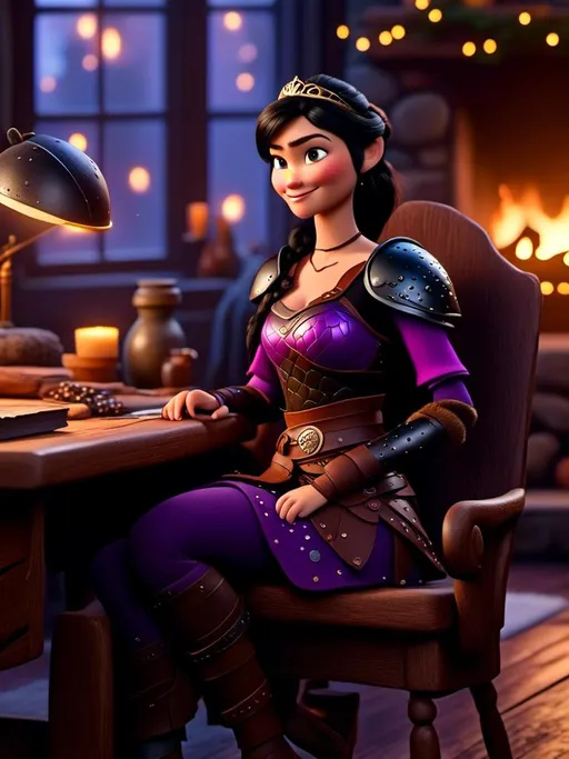 Prompt: <mymodel>CGI Animation, digital art, 20-year-old-old viking woman of royalty sitting at a desk in her home in the living room next to the fireplace, {{{blue eyes}}}, {{black gear, purple armor}}, black hair, single braid down her shoulder with a tiara, subtle smile, unreal engine 8k octane, 3d lighting, close up camera shot on the face, full armor