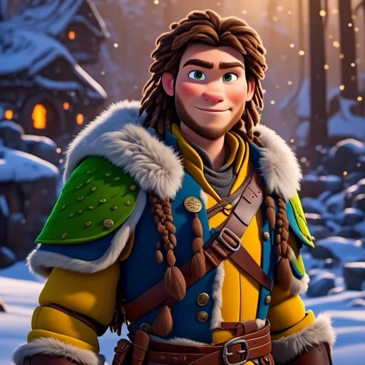 Prompt: <mymodel>CGI Animation, 20-year-old-old pirate man, a snowy scene, {{yellow gear, blue armor}}, brown hair, dreadlocks, subtle smile, beads hair, multiple braids, yellow gear, straight hair, green eyes, bracelets, rings on fingers, mercenary gear, unreal engine 8k octane, 3d lighting, close up camera shot on the face, full armor