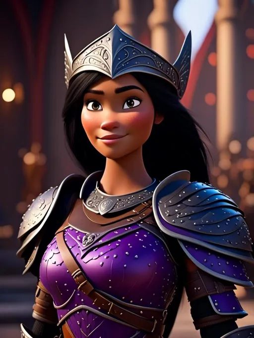 Prompt: <mymodel>CGI Animation, digital art, 20-year-old-old viking woman of royalty standing in The Great Hall on the Isle of Berk, {{black gear, purple armor}}, black hair, straight hair with a tiara, subtle smile, unreal engine 8k octane, 3d lighting, close up camera shot on the face, full armor