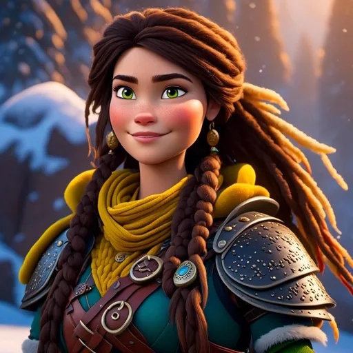 Prompt: <mymodel>CGI Animation, 20-year-old-old pirate woman, a snowy scene, {{yellow gear, blue armor}}, brunette hair, dreadlocks, subtle smile, beads hair, small red earrings, multiple braids, yellow gear, straight hair, green eyes, bracelets, rings on fingers, mercenary gear, unreal engine 8k octane, 3d lighting, full body, full armor