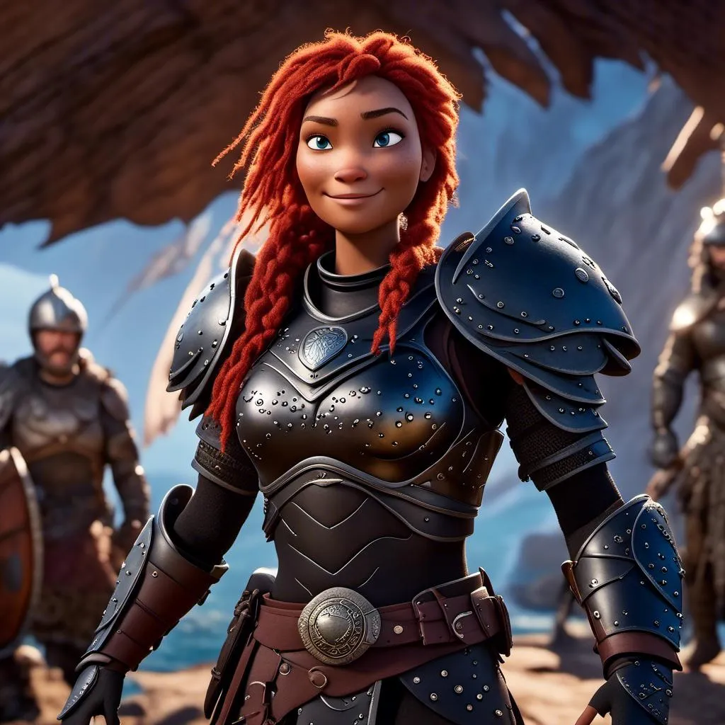 Prompt: <mymodel>CGI Animation of a viking woman of 40 years old, red hair with dreadlocks, blue eyes, all black gear and armor, leather highlights and textures, dragon scale textures and armor, intricate details, high quality, digital painting, cool tones, dramatic lighting