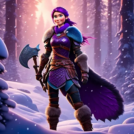 Prompt: <mymodel>a female viking warrior with purple hair standing in a snowy forest, black slender Razorwhip dragon, light blue eyes, single braid down shoulder, purple armor, subtle smile, full body, cool tones, dramatic lighting, simple details