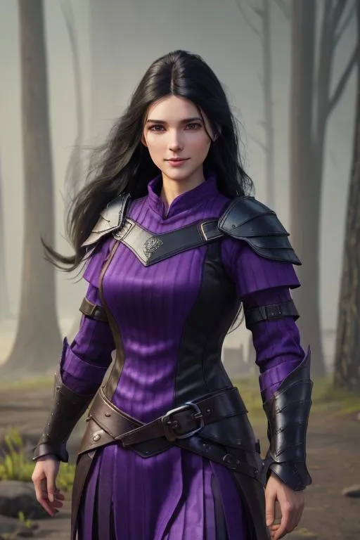 Prompt: Digital Art, 25-year-old viking woman, purple gear, purple clothes, subtle smile, black straight hair, dark purple eyes, a dark purple long-sleeve shirt, textured skirt down to knees, dark purple pants, dark purple armor, long black hair with volume, middle part in hair, leather boots, dark purple gear, unreal engine 64k octane, hdr, 3d lighting, full body, full armor