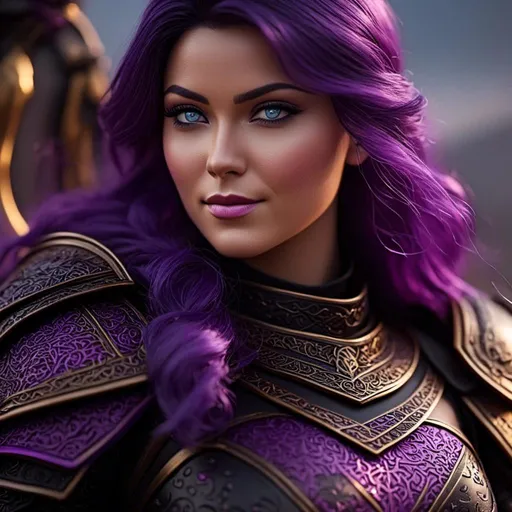 Prompt: <mymodel>CGi Animation, 25-year-old viking woman, subtle smile, light blue eyes, black gear, bright purple armor, black textures and highlights, unreal engine 8k octane, 3d lighting, full body, full armor