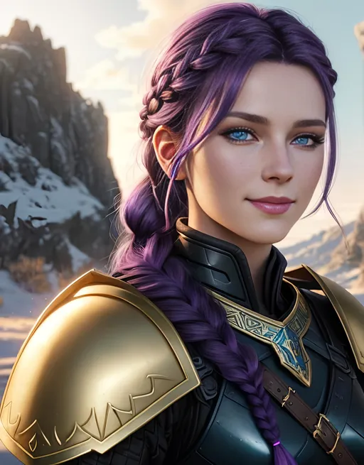 Prompt: Digital art, bright colors, subtle smile, 20-year-old woman viking, dark purple hair, one braid, light blue eyes, cut over left eye to on cheek bone, black gear, gold armor, unreal engine 8k octane, 3d lighting, full body, full armor, Adolph Friedrich Erdmann von Menzel 